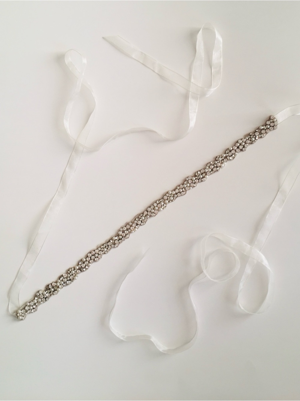 NWOT David's Bridal Pearl Crystal Cluster Sash Tie Back Wedding Waist Belt O/S